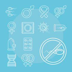 sexual health, family planning methods set icons line blue