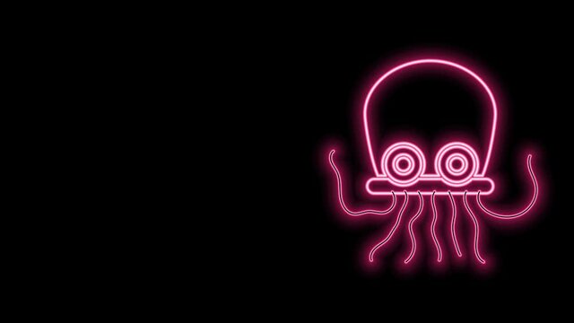 Glowing neon line Octopus icon isolated on black background. 4K Video motion graphic animation