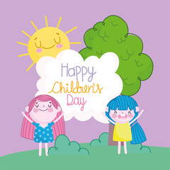 childrens day, little girls tree sun and lettering cartoon