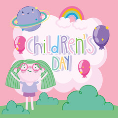 childrens day, cartoon cute girl with green hair balloons rainbow planet decoration