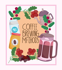 coffee brewing methods, vintage poster with kettle pack milk and frame with grains