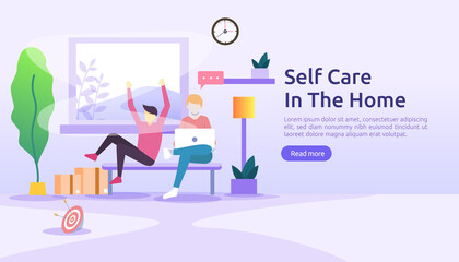 self care and stay home concept. Self isolation, home activities, quarantine due to coronavirus illustration template for landing page, banner, presentation, social, poster, promotion or print media