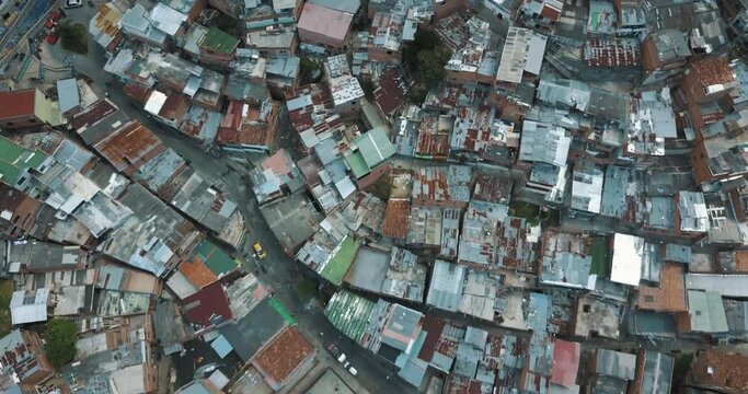 Drone aerial of medellin slums, comuna 13 from above, Colombia city ghetto area, South america.