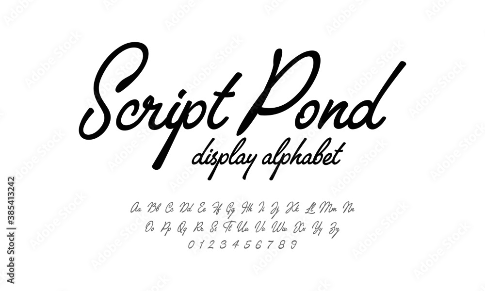 Poster script font display alphabet. handwriting style fonts set. typography a to z and numbers.