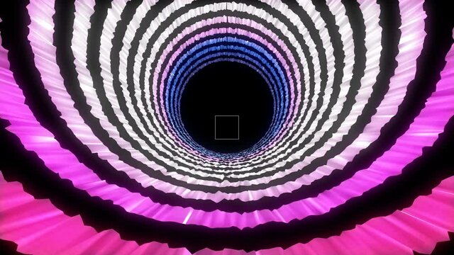 4K Round neon tunnel. Flight through flickering rings. Abstract motion background. Isolated on  black.