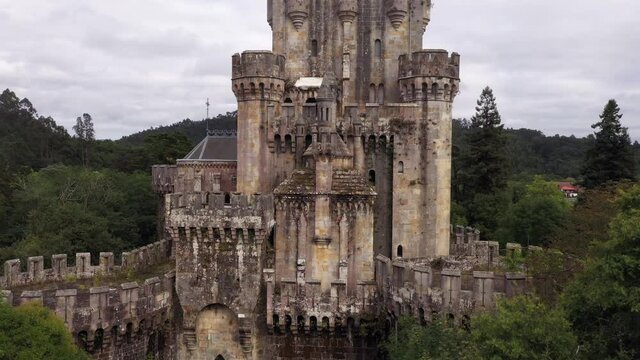 Detail Exterior Walls and Battlements of Fairy Tale Like Butron Castle. AERIAL PEDESTAL