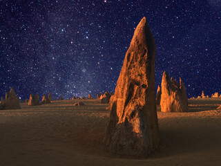 Stars over the landscape of the Pinnacle desert limestone formations at night