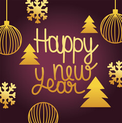 happy new year 2021, gold trees snowflakes balls invitation card