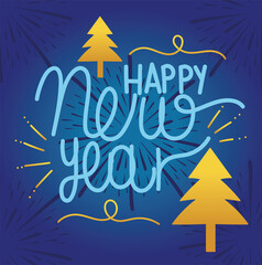 happy new year 2021, handwritten lettering and trees decoration