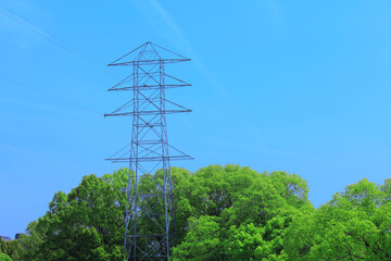 Obraz premium 送電線鉄塔と青空