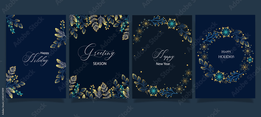 Sticker navy blue happy season greeting and new year vector background with deco element