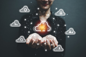 Concept of business women, hands on technology, digital data storage Cloud technology and data exchange around the world.