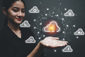 Concept of business women, hands on technology, digital data storage Cloud technology and data exchange around the world.