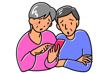 困った表情でスマホを見るシニア夫婦