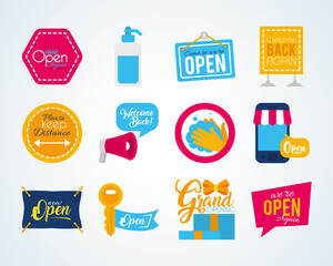 we are open signs and megaphone icon set, flat style