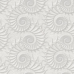 Fototapety  Plaster wall seamless texture with shells pattern, relief texture, wall stencil, 3d illustration