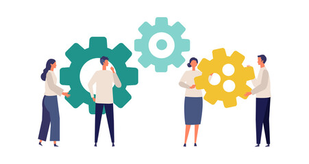 Metaphor of teamwork, strategy, connecting. Flat design vector illustration of business people.