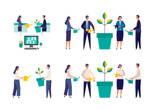 Metaphor of growth, support, assistance. Flat design vector illustration of business people.