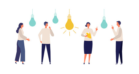Metaphor of cooperation, create an idea, brainstorming. Flat design vector illustration of business people.