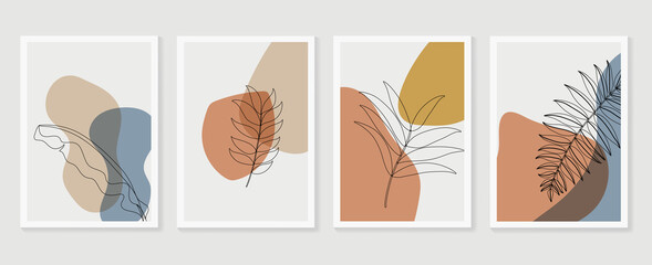 .Botanical wall art vector set. Earth tone boho foliage line art drawing with  abstract shape.  Abstract Plant Art design for print, cover, wallpaper, Minimal and  natural wall art.