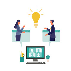 Metaphor of cooperation, create an idea, brainstorming. Flat design vector illustration of business people.