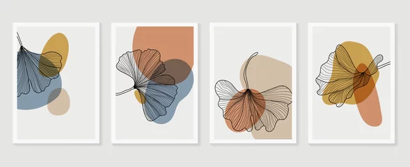 .Botanischer Wandkunst-Vektorsatz. Erdfarbene Boho-Laublinienkunstzeichnung mit abstrakter Form. Abstraktes Pflanzenkunstdesign für Druck, Cover, Tapete, minimale und natürliche Wandkunst. © TWINS DESIGN STUDIO