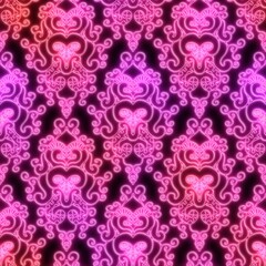 Neon light on black damask seamless repeat pattern. High quality illustration. Funky nightlife retro revival design. Futuristic dramatic glow lighting. 