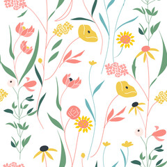 Obraz na płótnie Canvas Blooming meadow seamless pattern. Trendy color for fashion. wallpapers, and print. A lot of flowers. Ditsy style. Pressed flowers. Trendy floral design