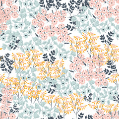 Fototapeta na wymiar Blooming midsummer meadow seamless pattern. Plant background for fashion, wallpapers, print. A lot of different flowers on the field. Liberty style millefleurs. 