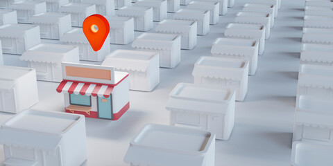 3d rendering illustration of shop with location pin. New normal business with technology concept.