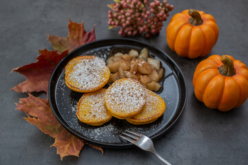 Healthy autumnal breakfast - sweet home made pumpkin pancakes