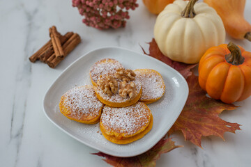 Healthy autumnal breakfast - sweet home made pumpkin pancakes