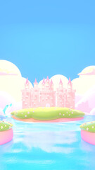 Cartoon castle scene in the morning. Cute dolphin jumping out of the water in the sea. 3d rendering picture. (vertical)