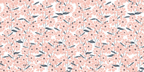 Blooming midsummer meadow seamless pattern. Plant background for fashion, wallpapers, print. A lot of different flowers on the field. Liberty style millefleurs.