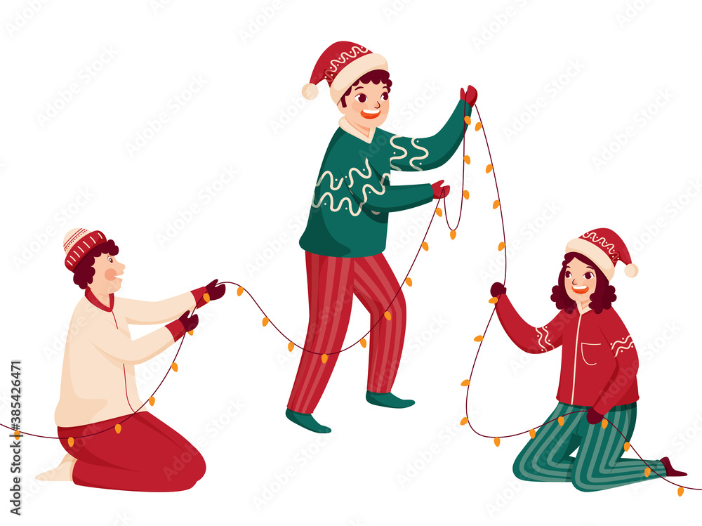 Canvas Prints cheerful boys and girl holding lighting garland together on white background.