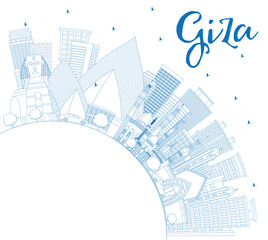 Outline Giza Egypt City Skyline with Blue Buildings and Copy Space.