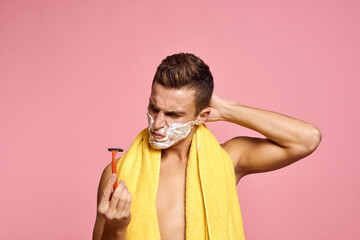 Nationality razor street and white foam pure skin pink background Copy Space