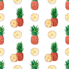 Seamless watercolor pattern with pineapples. Food pattern.