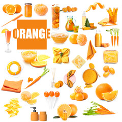 Collage with different orange items on white background
