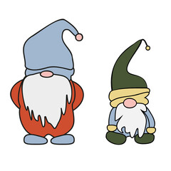 Set of cute cartoon Gnomes. Vector illustration flat design of a fairytale characters of dwarfs isolated on white.