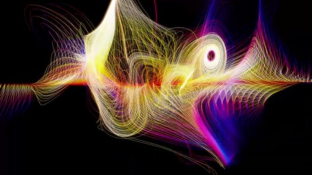3d video animation abstract art of surreal background with curve wavy spiral and twisted magic miracle fantasy concentric tungsten filament electric lines in yellow and purple glowing light on black