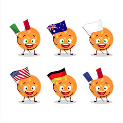 Orange pie cartoon character bring the flags of various countries