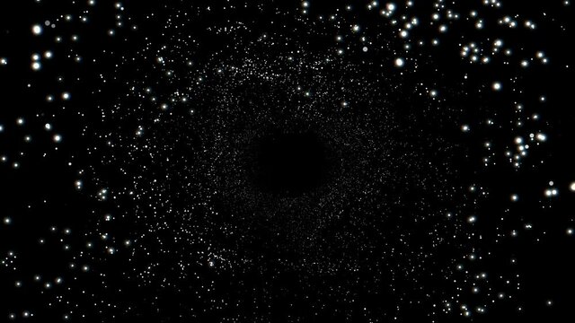 4k Motion background. Abstract round tunnel. Shimmering white particles. Xmas graphic design. 2021 New year. Isolated on black. Flight through stars.