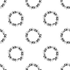 Black and white seamless pattern of floral wreaths