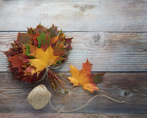 Naklejka na ściany i meble Bouquet or bunch made from colorful autumn leaves isolated on wooden background. Autumn, fall, thanksgiving day, nature concept. Flat lay, top view, copy space..