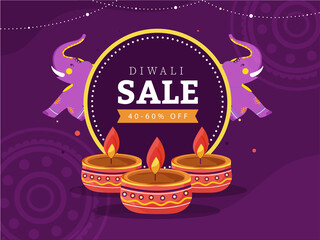 Diwali Sale Poster Design with 40-60% Discount Offer, Illuminated Oil Lamps and Two Cartoon Elephant on Purple Mandala Pattern Background.