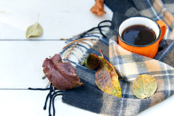 Fototapeta na wymiar Cup of tea and warm scarf on white wooden bench, picnic in the autumn park. Fall season, weekend, teatime, still life, leisure time and tea break concept. Selective focus. Top view, copy space.