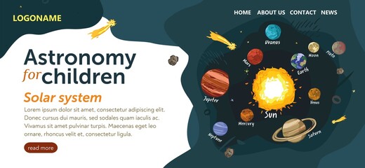 Template for landing page about astronomy for children. Banner with decorative planets of the solar system, the sun, stars, asteroids and comets on an abstract background. Cartoon vector illustration.
