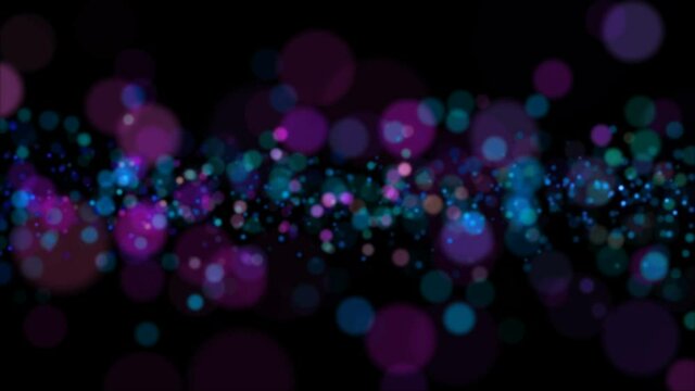 Bokeh particles. Colorful background. Defocused lights. Xmas motion wallpaper. New year 2021. Isolated on black. 4K 