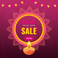 Diwali Sale Poster Design with Lit Oil Lamp (Diya) and Bunting Flags on Fireworks Dark Pink Background.